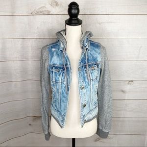 American Eagle Hooded Denim Jacket Distressed